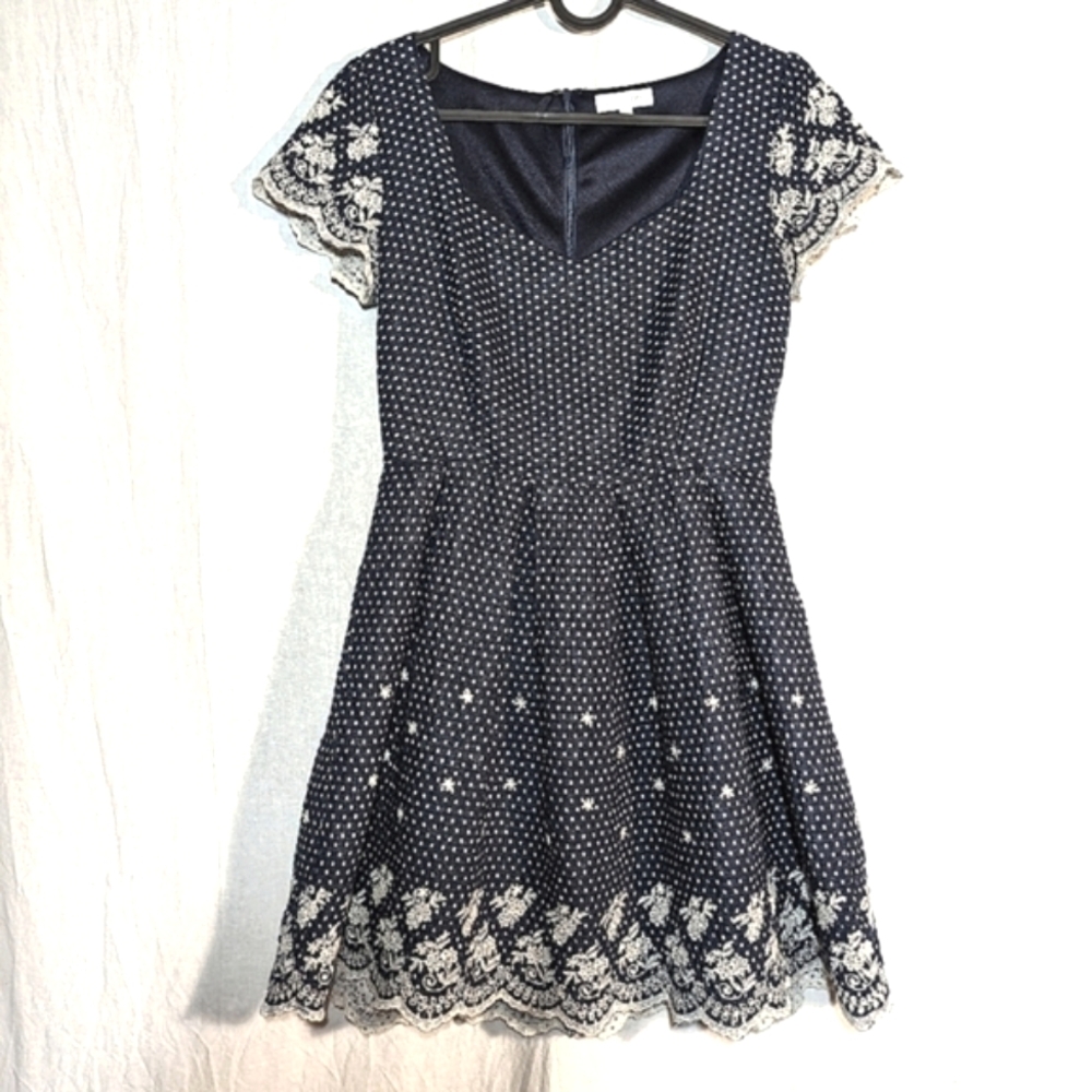 Francesca's Dress - Navy Floral Lace Embroidered Midi Fit and Flare Polka Dot